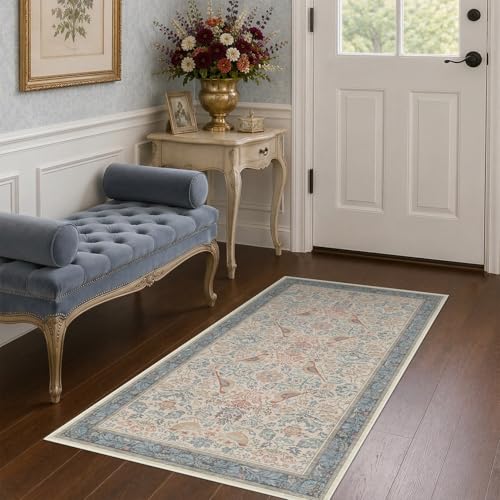 Vintage Boho 2x4 Area Rug for Entryway - Washable Blush Red Slate Blue Kitchen Rug for the Floor, Low Pile Non-Slip Rugs for Bathroom, Floral Bird Pattern Decor & Stain Resistance - color: Blue & Red, size: 2' x 4' (Rectangular)