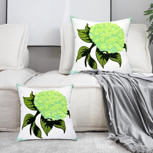 Alysheer Spring Hydrangea Embroidered Decorative Throw Pillow Covers 18"x 18" Set of 2, Summer Floral Tufted Patterned Green Cotton Cushion Cases for Couch Bed Living Room Decor - color: Hydrangea Green, size: 18" x 18" (Pack of 2)