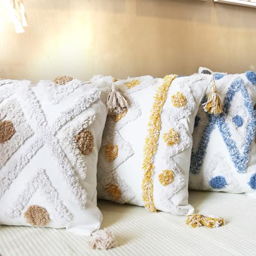 Boho Pillow Covers 18X18 Inch White Yellow Tufted Throw Pillow Covers Decor Tassels Cushion Cover Pillow for Sofa Handmade Embroidery Couch Pillow Covers Retro Boho Pillowcase Covers