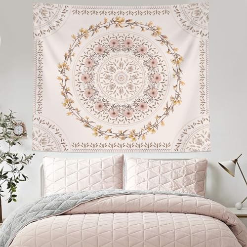 Lifeel White Pink Bohemian Tapestry Wall Hanging, Mandala Floral Medallion Hippie Tapestry with Light Brown Aesthetic Wreath Design, Cream Wall Decor Blanket for Bedroom Home Dorm, XLarge 80×90 inches - color: White Pink, size: 90"L x 80"W