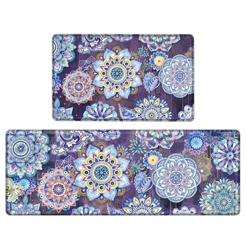 Boho Purple Floral Kitchen Rugs Mats for Floor 2 Piece Memory Foam Padded Kitchen Mats Anti Fatigue Non Slip Cushioned Comfort Standing Mat, 17.3x28+17.3x47 Inch - color: Boho Purple, size: 17.3"x28"+17.3"x47"-0.40Th[2PCS]