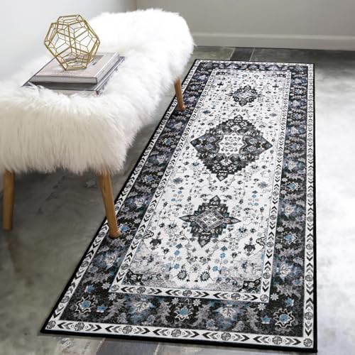 Amearea Vintage Design Runner Rugs for Living Room, 2x6 Machine Washable Floral Collection Traditional Bedroom Rug, Low Pile Cute Kids Room Print Carpet, No Slip Office Kitchen Home Decor, Black - color: Black, size: 2' X 6' (Runner)