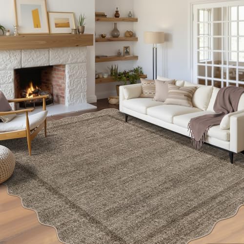 GarveeHome Scalloped Washable Rug 6x9 Area Rugs for Living Room Modern Taupe Nursery Rug Large Area Rug for Bedroom Non Slip Throw Rugs Soft Low Pile Stain Resistant Carpet for Classroom 6'x9' Taupe - color: Taupe, size: 6' x 9' (Rectangular)