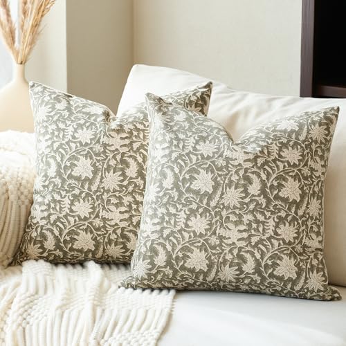 FIOUOVO Floral Throw Pillow Covers 18x18 Farmhouse Block Print Pillow Covers Decorative Pillow Covers Couch Pillows for Living Room Vintage Accent Sofa Pillows Set of 2, Olive Green - color: Olive Green, size: 18" x 18" (Pack of 2)