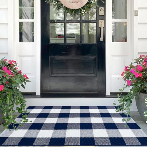 IOHOUZE Buffalo Plaid Checkered Rug 27.5" X 43" Front Door Mats, Washable Area Rugs for Front Porch Decor, Spring Summer Welcome Mats Outdoor, Navy White Rug for Farmhouse/Entryway/Home Entrance - color: Navy and White, size: 2'4" x 3'8" (Rectangular)