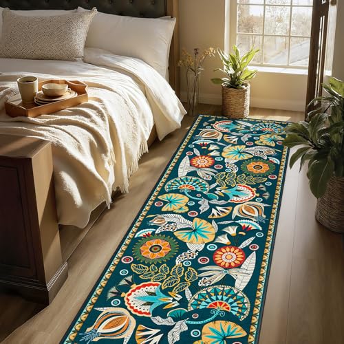 Joydeco Egypt Floral Boho 2x8 Bathroom Hallway Runner Rug Non Slip, Washable Dark Green Kitchen Rug Runner, Vintage Ultra-Thin Long Carpet for Entryway Laundry Bath Room Bed Beside - color: Dark Green, size: 2'7" x 8' (Runner)