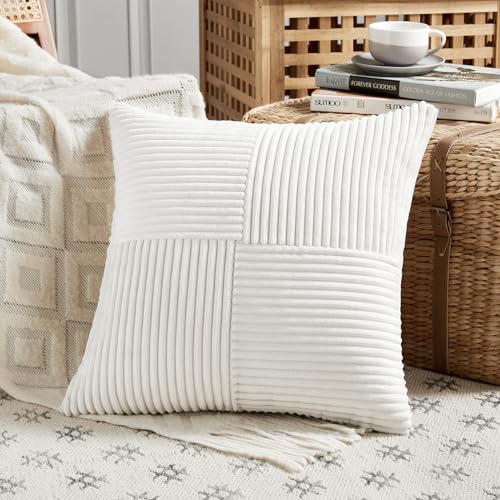 Fancy Homi 2 Packs Cream White Samll Decorative Throw Pillow Covers 12x12 Inch with for Couch Bed Sofa, Rustic Farmhouse Boho Home Decor, Soft Corss Patchwork Corduroy Square Cushion Case 30x30 cm - color: Cream White, size: 12" x 12" (Pack of 2)