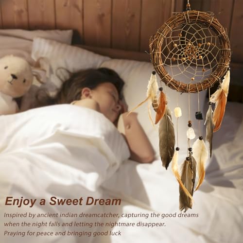 Dream Catcher Native American Boho Dreamcatcher Rattan Wall Decor, Handmade Natural Healing Crystal Stones Feathers Hanging Ornament Indian Decor for Bedroom Living Room - color: Brown With Crystal