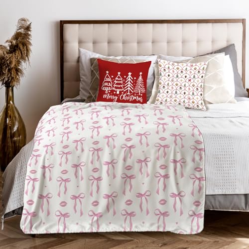 Coquette Pink Bow Throw Blanket for Couch, Preppy Room Dorm Decor, Aesthetic Pink Ribbon Bow Lips Throw Blanket for Girls Bedroom Living Room Home Decoration, 50x60 Inches - color: Color_8