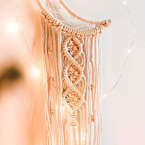 Boho Macrame Woven Wall Hanging, Crochet Crescent Moon Star Dream Catcher with Long Tassel- White Cotton Handmade Bohemian Home Decor Decoration Art Craft for Kids Bedroom Dorm Room - color: Cream White, size: Without Light