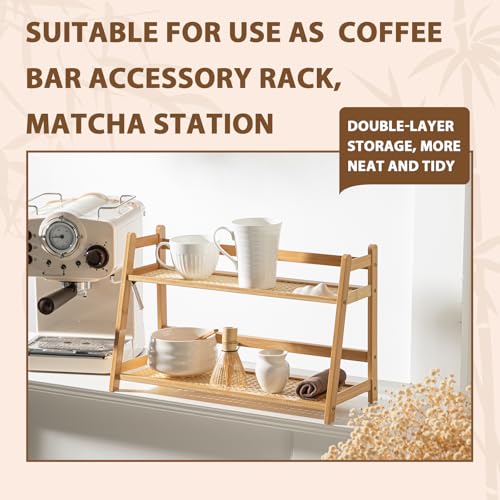 Yalikop 2 Pcs 17.7 Inch 2 Tier Matcha Station Shelf Bamboo Coffee Mug Stand Countertop Storage Rack, Double Layer Rattan Office Cup, Kitchen, Tea, Plant, Bar Accessories Condiment Display (Wood)