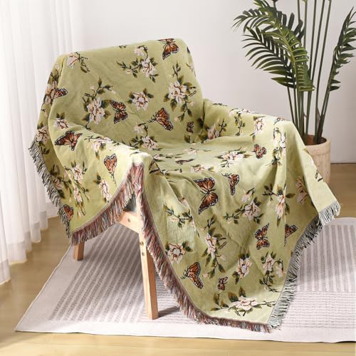 Pattern Throw Blanket for Couch, Throw for Bed, Outdoor Blanket, Retro Decor,51"×63" All Season Ultra Soft Butterfly Throw Blanket with Tassels for Sofa Chair, Green - color: Plum Blossom Butterfly Green01, size: 51"×63"