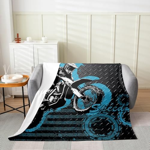 Motorcycle Fleece Throw Blanket Soft Cozy Dirt Bike Flannel Blanket for Kids Women Adults Blue Graffiti Plush Blankets for Sofa Bed Couch(60x80 Inches) - color: Black Blue, size: Twin