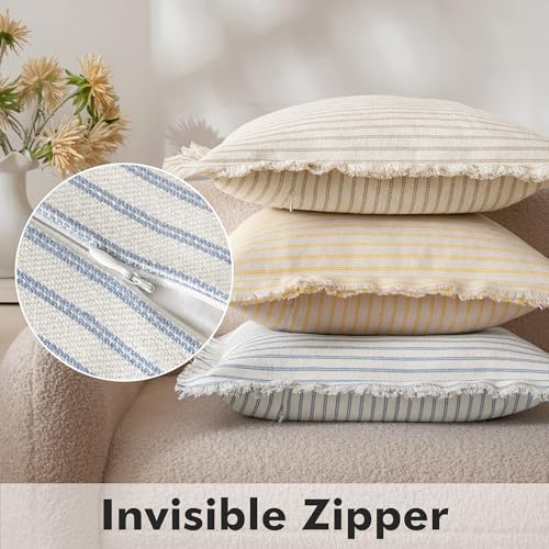 MIULEE Pack of 2 Light Blue Pillow Covers 18x18 Inch Striped Farmhouse Couch Spring Spring Throw Pillow Covers with Fringe Chic Cotton Decorative Cushion Covers for Sofa Living Room Bed Home Decor - color: Light Blue, size: 18" x 18" (Pack of 2)