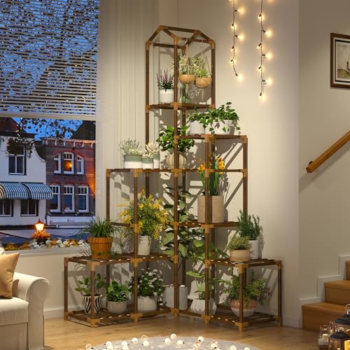 EnHomee 64.2" Corner Plant Stand Indoor Tall Plant Shelf for 13-19 Pots Tiered Plant Stands for Outdoor, Multiple Plants Tiered Wood Shelf for Living Room, Balcony, Patio