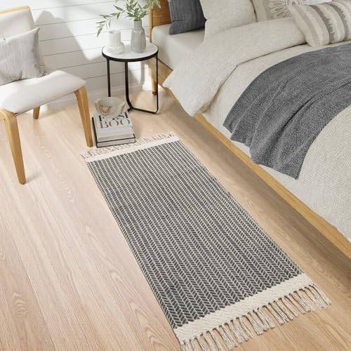 Lahome Belle Boho Bathroom Runner Rug, 2x5 Laundry Room Washable Rugs for Entryway Cotton Grey Area Mat with Tassels, Farmhouse Throw Mats Non Shedding Carpet Runner for Hallway Door - color: Grey, size: 2' x 5' (Runner)