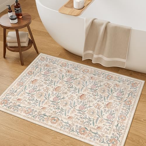 DUKINO 2x3 Rugs for Entryway, Washable Vintage Floral Small Area Rug with Non Slip Backing, Ultra Soft Door Mat Indoor Entrance Low Pile Floor Carpet for Kitchen, Bathroom, Bedroom, Farmhouse, Beige - color: Beige Yellow, size: 2' x 3' (Rectangular)