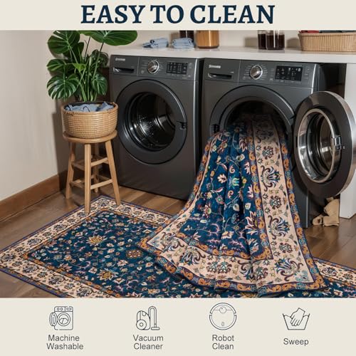 Tangsoo 2x3 Washable Rugs for Entryway, Small Area Vintage Floral Rug Non-Slip Soft Low Pile Rugs, Small Carpet Door Mat, Front Door Indoor Throw Rug for Entrance Kitchen Entry, Home Decor Navy Blue - color: Floral/Blue, size: 2' X 3' (Rectangular)