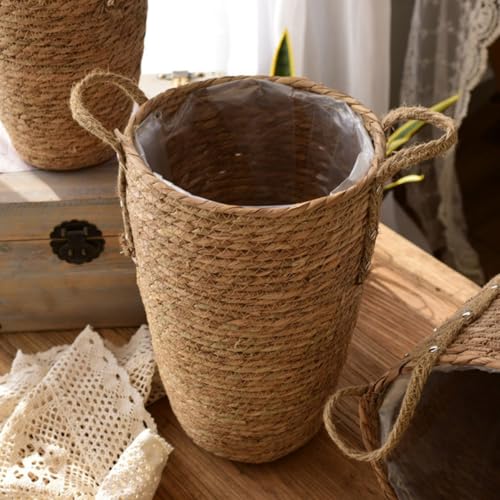 Toyvian Large Woven Plant Basket Boho Straw Flower Pot Indoor Outdoor Decorative Planter for Living Room with Handwoven Rattan Design