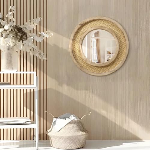 JJUUYOU Wood Mirror with Wood Frame Circle Mirrors for Wall 20 Inch Circular Hanging Mirrors for Living Room Bathroom Vanity Entryway Hallway Brown - color: Round Mirror-brown, size: 20"L x 20"W