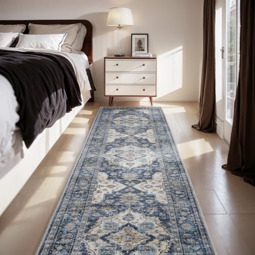 AMOAMI-2X10 Runner Rug-Washable Runners for Hallways-Soft Non Slip Bedside Rugs for Bedroom-Vintage Long Rug for Hallways Entryway Laundry Room Stair Kitchen Bathroom Blue - color: Blue, size: 2' X 10' (Rectangular)