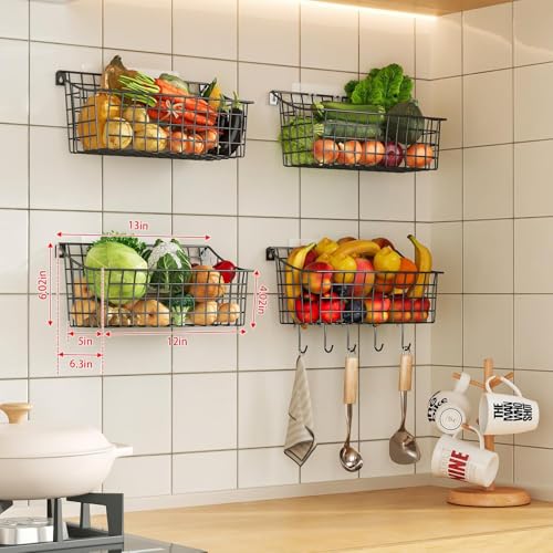 Sonyabecca 4 Pack Hanging Wall Basket for Organizing, Large Wire Basket for Storage Pantry with 5 S Hook+4 Adhesive Hook, Wall Mounted Shelf for Kitchen Bathroom - size: 13"L x 6.3"W x 6.02"H-4Pack