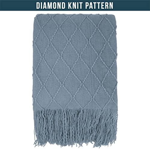 PAVILIA Dusty Blue Knit Throw Blanket for Couch Bed, Soft Knitted Farmhouse Sofa Throw for Living Room, Lightweight Decorative Summer Throw Blanket for Chair, Outdoor Textured Boho Blanket, 50x60 - color: Dusty Blue, size: 50 X 60 Inches - Throw
