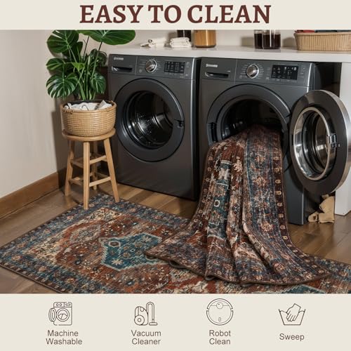 Tangsoo Oriental 2x3 Washable Rugs for Entryway Vintage Non Slip Small Area Rug, Indoor Front Door Rug, Print Door Mat Indoor Entrance Soft Low Pile Throw Rug for Entry Kitchen Bedroom Bathroom - color: Rust/Blue, size: 2' X 3' (Rectangular)