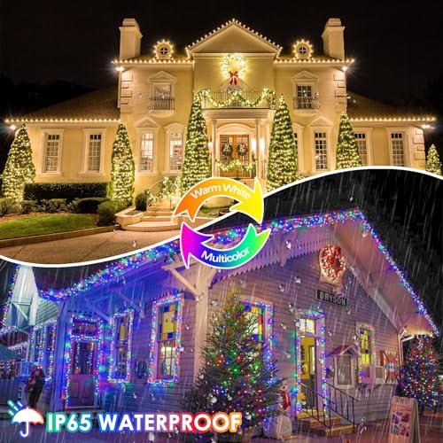 Warm White and Multicolor Color Changing Solar String Lights for Outside, 2 Pack 400LED Solar Fairy Lights Outdoor Waterproof, Copper Wire with 8 Modes Solar Twinkle Lights for Tree Garden Yard Party - color: Warm White to Multicolor, size: 2 Pack-400LED