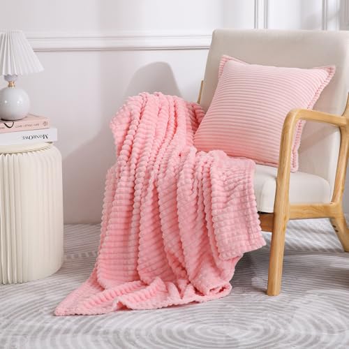 Puncuntex Light Pink Flannel Fleece Throw Blanket 50"×60",Soft Plush Cozy Valentines Blankets,Birthday Gifts for Mom,Women,Mothers Day with Square Grid Design for Couch Sofa Chair - color: Light Pink, size: 50"×60"