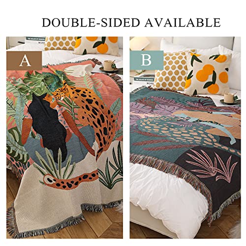 LumiSyne Double-Sided Cotton Woven Throw Blanket with Tassel Jungle Bohemian Style Tapestry Shawl Multi-Function Decorative Throws for Sofa Bed Armchair Camping Blanket Tablecloth Carpet 160x130cm - color: Cheetah Girl