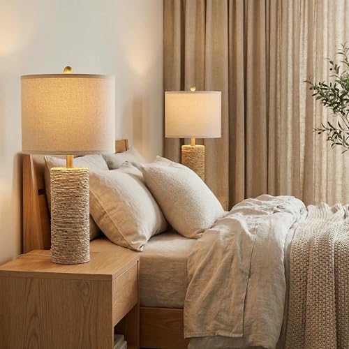 BOBOMOMO Boho Lamps Set of 2, 25.5" Coastal Farmhouse Bedside Lamps, Resin Woven Rattan-Look Nightstand Lamps with Linen Shade & Rotary Switch for Bedroom Living Room Home Decor