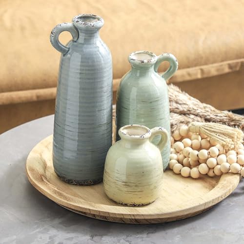 Ceramic Vase Set of 3 | Neutral Vase Home Decor with Handle | Pottery Modern Farmhouse Vases Pampas Grass Flower Vases for Home Decor Table Living Room Centerpieces Mantel Decor - Multicolor - color: 010 Vase Set With Handle - Multicolor