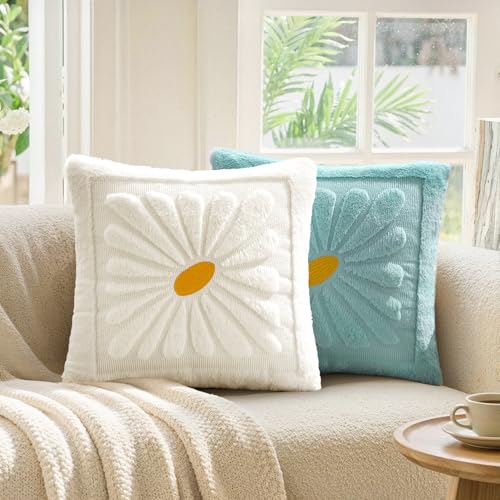 EMEMA Set of 2 Spring Summer Sunflower Floral Pillow Covers, Plush Faux Fur Decorative 18x18 Cushion Cases Adding a Soft, Bright Seasonal Accent to Sofa Couch Bed Modern Farmhouse Living Room, White - color: White, size: 18" x 18" (Pack of 2)