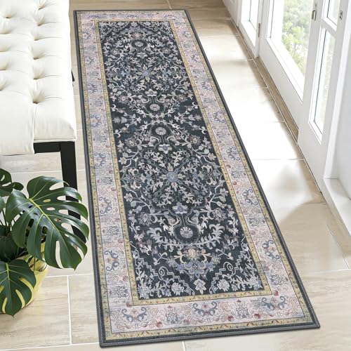 U'Artlines 2' x 6' Boho Hallway Runner Rug Vintage Farmhouse Non Slip Soft Washable Accent Runner Carpet for Kitchen, Entryway, Laundry, Living Room(Dark Grey) - color: Dark Grey, size: 2' x 6' (Runner)