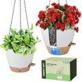 Self-Watering Hanging Planters with Water Level Window, 8/10 Inch Indoor Outdoor Hanging Plant Pots Includes Chain Hangers with Drainage Holes & Detachable Reservoir (White, 8+10 inch) - color: White
