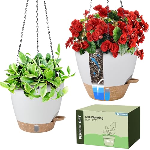 Self-Watering Hanging Planters with Water Level Window, 8/10 Inch Indoor Outdoor Hanging Plant Pots Includes Chain Hangers with Drainage Holes & Detachable Reservoir (White, 8+10 inch) - color: White