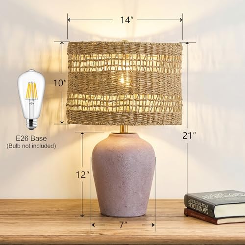 Maxax 21" Boho Table Lamp for Bedroom, Farmhouse Ceramic Bedside Lamp with Woven Rattan Shade, 3 Way Dimmable Coastal Rattan Bedroom Lamp for Nightstand Office Home - color: Dark gray