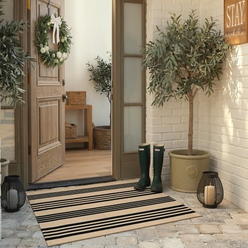 KIMODE Outdoor Rug Spring Decor 27.5"x43", Black and Khaki Striped Front Porch Rugs, Reversible Washable Front Door Mats, Hand Woven Welcome Layered Doormat Entryway Rug for Entrance Farmhouse - color: Black and Khaki Stripes, size: 2'4" x 3'7" (Rectangul