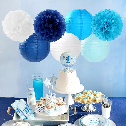 Blue-White Birthday Party-Decorations Paper-Flowers Lanterns - 15PCS Light Royal Tissue Pom Poms Streamers,Classroom Ocean Themed Baby Bridal Shower Bachelorette Wedding Hanging Supplies Decor Hugfond - color: Blue White