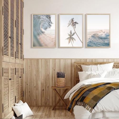 Beach Wall Art Pictures Coastal Canvas Wall Decor Ocean Waves Poster Blue Beach Scene Artwork Palm Tree Art Coastal Landscape Prints for Living Room Bedroom 24x36 Inch Framed Set of 3 - color: Waves Art Prints, size: 24x36 Inch Wood Framed