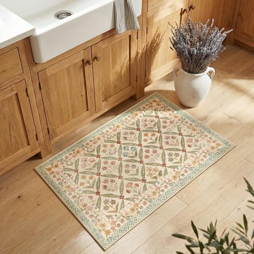 jinchan Haden Entryway Rug 2x3 Vintage Floral Washable Rug for Entrance Soft Non-Slip Low Pile Door Mat for Doorway Kitchen Bathroom Small Carpet Cottage Indoor Decor Teal Blue - color: Teal Blue, size: 2' x 3' (Rectangular)