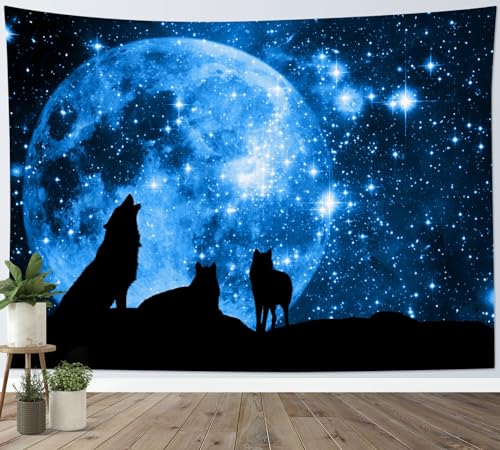 HVEST Wolf Tapestry Wall Hanging Full Moon in Blue Space Tapestries Wild Animal Wolves Wall Decor Blanket for Kids Bedroom Living Room Dorm Party, 60Wx40H Inches - color: Blue, size: 40"L x 60"W