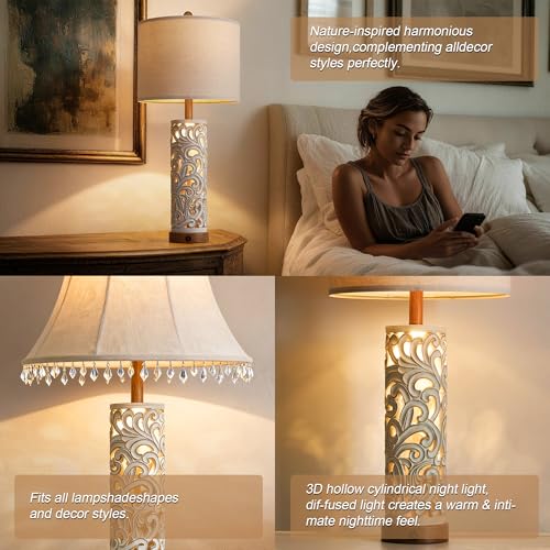 OYEARS 2-in-1 Light Table Lamp Set of 2 for Living Room, 28.5" Farmhouse Bedside Lamps with USB Charging Port, Main&Night Light & Dual Switches, Nightstand Lamp for Bedroom Home Office(Bulb Included) - color: Washed White and Brown