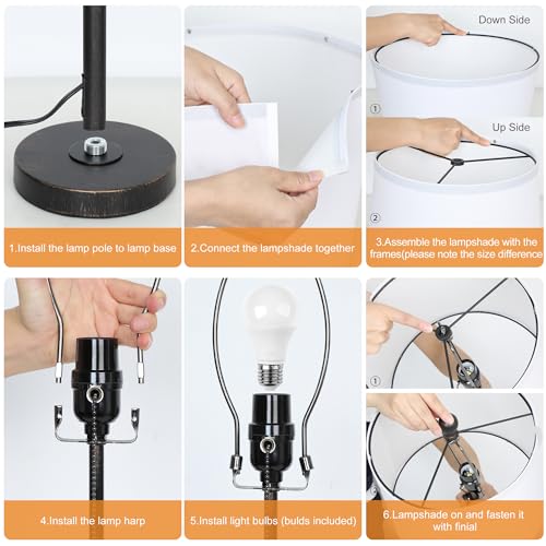 Adjustable Height Table Lamps Set of 2 22-30in Retro Black Brush Gold Modern Nightstand with White Shade 3 Color Temperature Pull Chain Bedside Lamps for Living Room Bedroom Hallway(Bulbs Included) - color: Black Gold+White Shade Set of 2