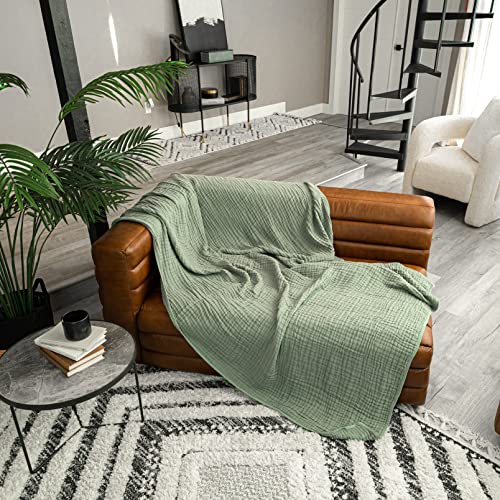 Comfy Cubs Muslin Throw Blanket - 50” x 60” Quilted Design - Lightweight, Breathable 6-Layer Gauze Fabric - Soft Cotton Blanket for Home or Travel - Packaged in Elegant Gift Box - Sage - color: Sage, size: Throw - 50" X 60"
