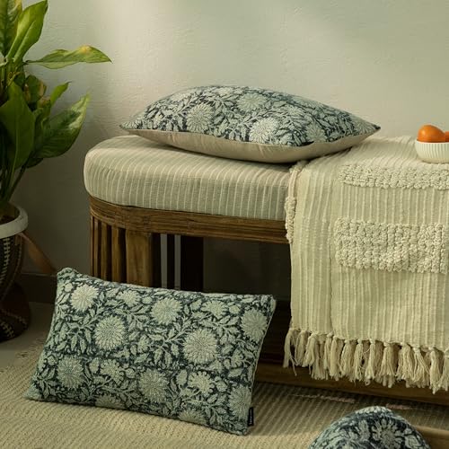 Handblock Printed Vintage Indian Cotton Decorative Throw Pillow Covers, Set of 2 (Midnight Blue, 12" x 20" (Pack of 2)) - color: Midnight Blue, size: 20" x 12" (Pack of 2)