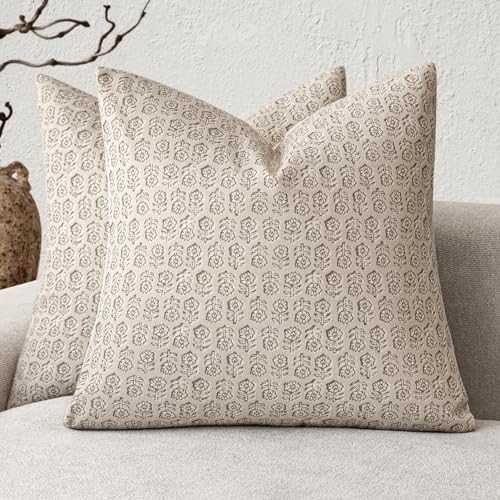Foindtower Set of 2 Decorative Vintage Floral Print Throw Pillow Covers Neutral Modern Farmhouse Cushion Covers Boho Home Decor for Sofa Couch Chair Bedroom Living Room,20×20 Inch,Ivory Beige - color: Biscotti Beige, size: 20" x 20" (Pack of 2)