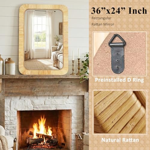 Handmade Rattan Mirror for Bathroom Vanity – Rectangular Wicker Frame Boho Wall Decor - Natural Nursery Decor Accent (24" x 36") - color: Rectangular 36*24
