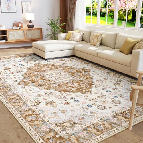 Amearea Vintage Design Area Rugs for Living Room, 4x6 Machine Washable Floral Collection Traditional Bedroom Rug, Low Pile Cute Kids Room Print Carpet, No Slip Office Kitchen Home Decor, Gold Yellow - color: Gold, size: 4' X 6' (Rectangular)